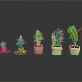 Colorful Potted Cactus Plants Of Various Sizes With Red Blooms And Spines