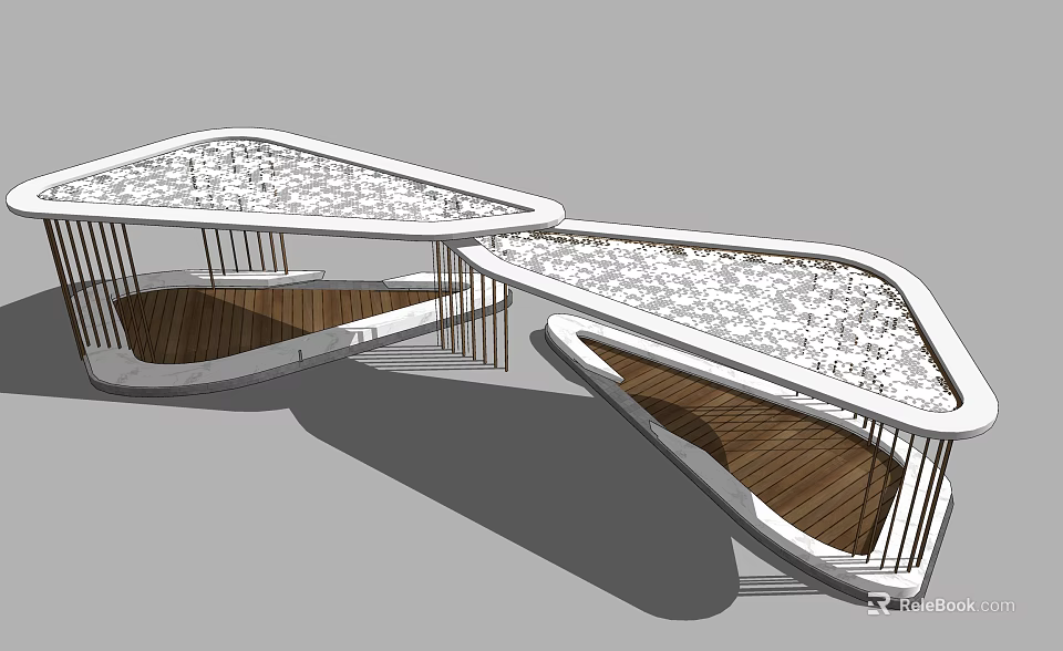 Modern Geometric Pergola Design With Wooden Flooring And Metal Railings 3d model 