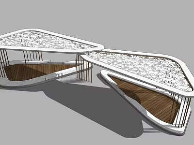 Modern Geometric Pergola Design With Wooden Flooring And Metal Railings 3d model