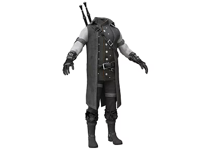Dark Tactical Long Coat Clothing With Belted Waist Leather Gloves And Boots 3d model