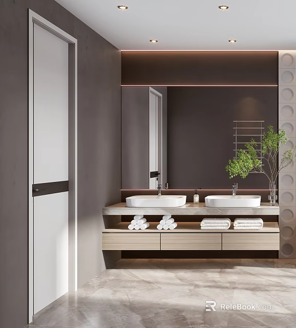 Modern Bathroom Interior With Double Sinks Wooden Vanity Mirror Towels And Green Plant 3d model 