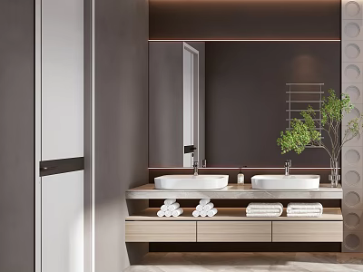 Modern Bathroom Interior With Double Sinks Wooden Vanity Mirror Towels And Green Plant 3d model