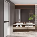 Modern Bathroom Interior With Double Sinks Wooden Vanity Mirror Towels And Green Plant