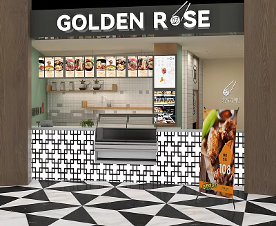 Golden Rose Restaurant Interior With Counter Menu Board And Geometric Floor Tiles 3d model
