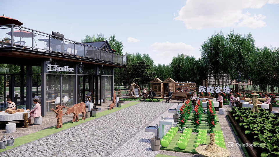 Rural Landscape With Café Outdoor Seating Wooden Structures Greenery Cobblestone Path And Flowers 3d model 