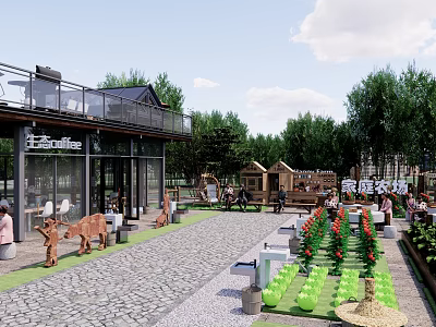 Rural Landscape With Café Outdoor Seating Wooden Structures Greenery Cobblestone Path And Flowers 3d model