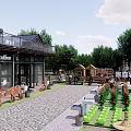 Rural Landscape With Café Outdoor Seating Wooden Structures Greenery Cobblestone Path And Flowers