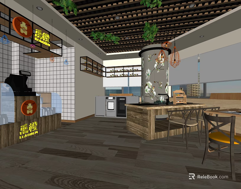 Hotel Public Lounge Area With Modern Open Design Wooden Flooring Pendant Lights And Green Plants 3d model 