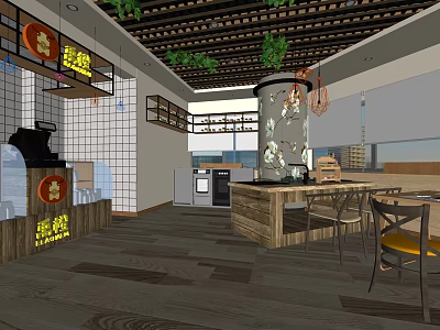 Hotel Public Lounge Area With Modern Open Design Wooden Flooring Pendant Lights And Green Plants 3d model
