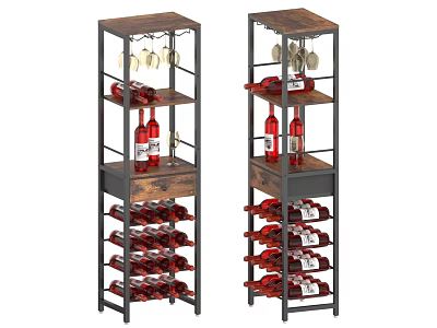 Multi tiered Wood and Metal Wine Rack with Hanging Glasses and Bottle Storage 3d model