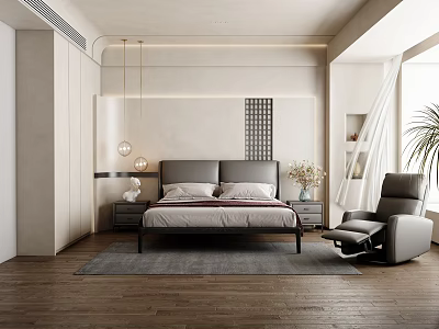 Modern Bedroom Interior With Gray Headboard Bed Nightstands Accent Chair And Pendant Lights 3d model
