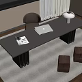 Modern Desk With Laptop Magazine Table Lamp Chair And Stools On Rug