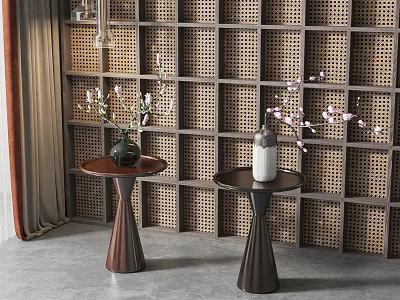 Modern Side Tables With Conical Base Dark Brown Black Vases Flowers Woven Lattice Wall 3d model