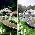 Garden Ornament With Circular Arch Structure Illuminated Lights Wooden Pathway And Green Plants