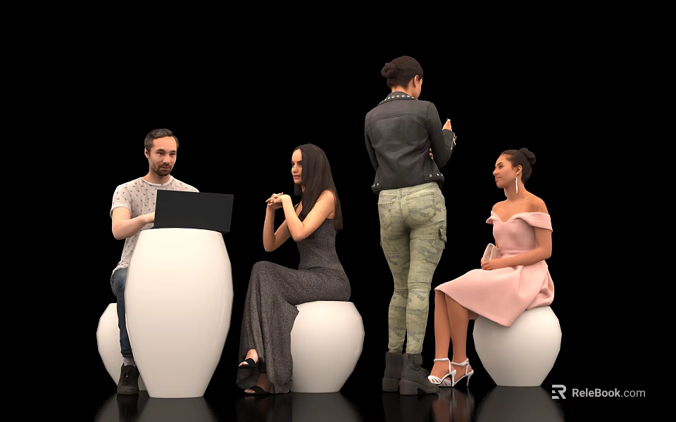 Group of People Sitting Standing on White Spherical Seats with Laptop and Casual Outfits 3d model 