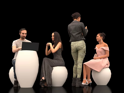 Group of People Sitting Standing on White Spherical Seats with Laptop and Casual Outfits 3d model
