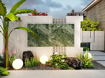 Stylish Garden Landscape With Decorative Stone Wall Lush Greenery Round Lights And Natural Rocks 3d model