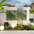 Stylish Garden Landscape With Decorative Stone Wall Lush Greenery Round Lights And Natural Rocks