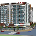 Modern High Rise Residential Buildings Featuring Ground Floor Commercial Shops And Street With Vehicles Trees