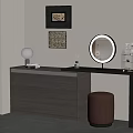 Dark Gray Dressing Table With Round Mirror Brown Stool Transparent Storage Boxes And Wall Art 3d model