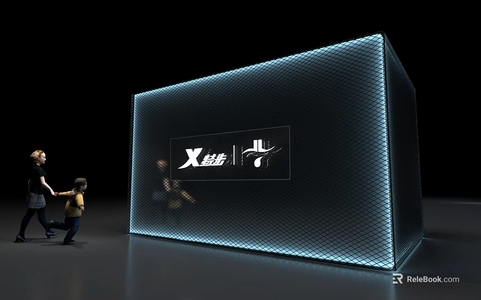 Xtep Brand Large Display Wall With Grid Texture And Glowing Edges Near People 3d model 