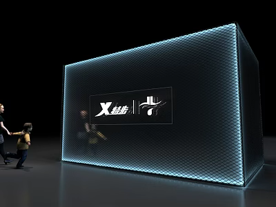 Xtep Brand Large Display Wall With Grid Texture And Glowing Edges Near People 3d model