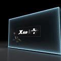 Xtep Brand Large Display Wall With Grid Texture And Glowing Edges Near People