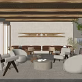 Natural Minimalist Lounge Interior Design With Wooden Ceiling Sofa Chairs Shelf And Plants
