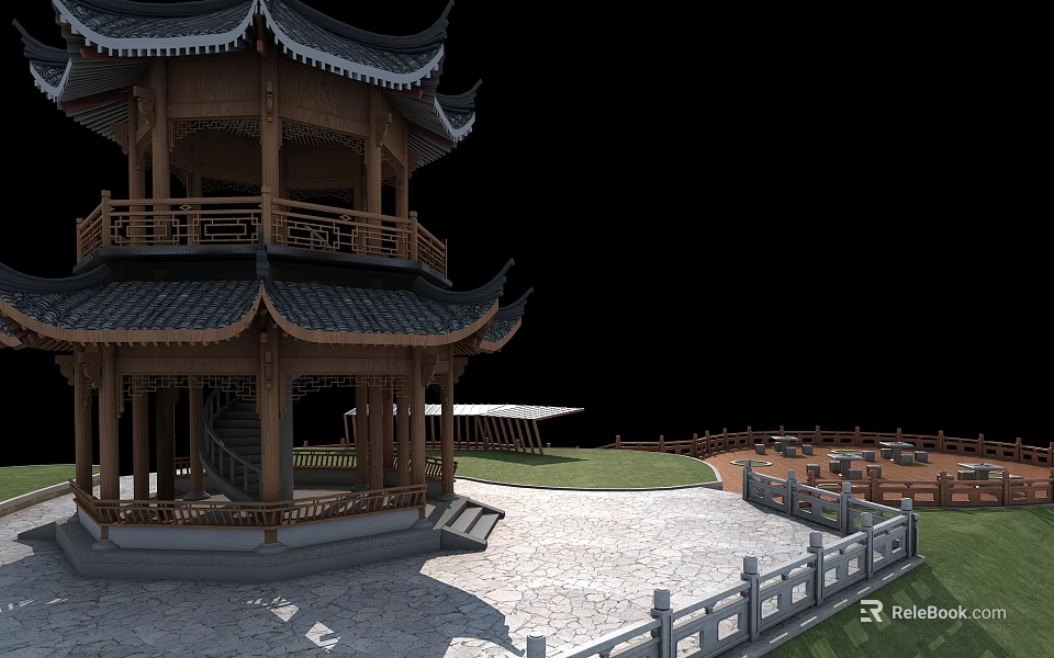 Traditional Chinese Pagoda with Wooden Structure Curved Eaves in Courtyard Stone Path and Railing 3d model 