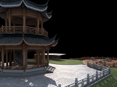 Traditional Chinese Pagoda with Wooden Structure Curved Eaves in Courtyard Stone Path and Railing 3d model