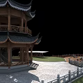 Traditional Chinese Pagoda with Wooden Structure Curved Eaves in Courtyard Stone Path and Railing