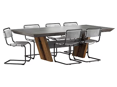 Modern Office Desk With Wooden Top And Six Metal Frame Chairs 3d model