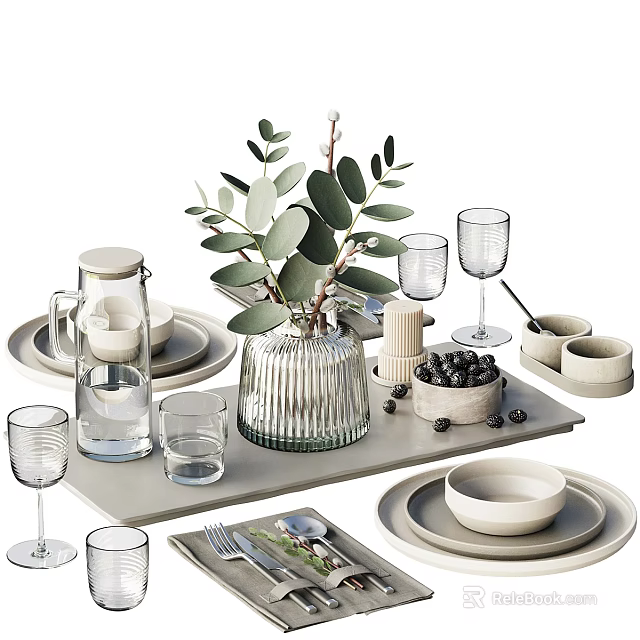 Elegant Tableware Set With White Plates Bowls Glasses Water Jug And Green Vase On Tray 3d model 