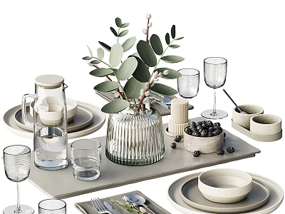 Elegant Tableware Set With White Plates Bowls Glasses Water Jug And Green Vase On Tray 3d model