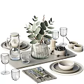 Elegant Tableware Set With White Plates Bowls Glasses Water Jug And Green Vase On Tray