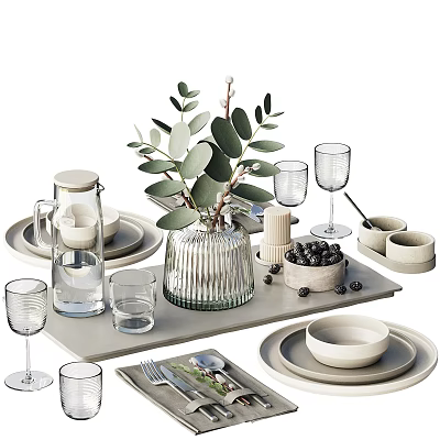 Elegant Tableware Set With White Plates Bowls Glasses Water Jug And Green Vase On Tray 3d model