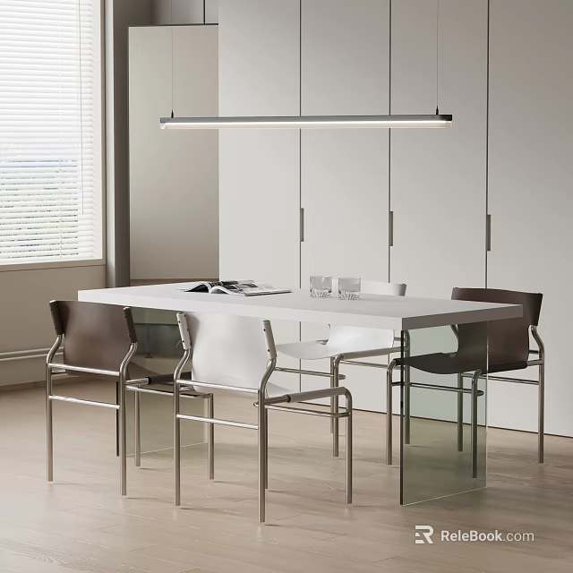 Modern Dining Table and Chairs With White Top Metal Legs Hanging Pendant Light And Window Blinds 3d model 