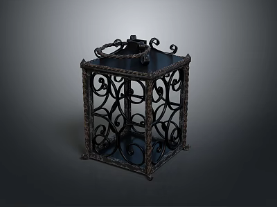 Decorative Wrought Iron Lantern With Intricate Curved Patterns And Top Handle 3d model