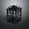 Decorative Wrought Iron Lantern With Intricate Curved Patterns And Top Handle