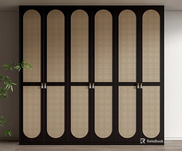 Modern Minimalist Wardrobe With Multiple Doors Dark Frame And Beige Checkered Arched Panels 3d model 