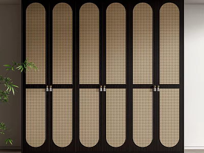 Modern Minimalist Wardrobe With Multiple Doors Dark Frame And Beige Checkered Arched Panels 3d model