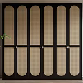 Modern Minimalist Wardrobe With Multiple Doors Dark Frame And Beige Checkered Arched Panels 3d model