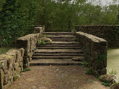 Rustic Stone Bridge With Stone Steps In Wooded Area Near Water 3d model
