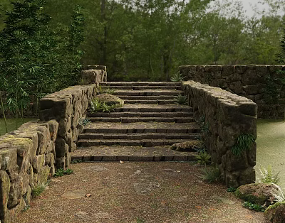 Rustic Stone Bridge With Stone Steps In Wooded Area Near Water 3d model