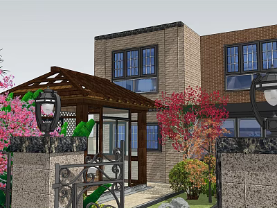 Residential Landscape Featuring Brick House Wooden Pergola Flowering Trees Iron Gate And Stone Walls 3d model