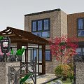 Residential Landscape Featuring Brick House Wooden Pergola Flowering Trees Iron Gate And Stone Walls