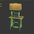 Old Fashioned Sewing Machine with Wooden Tabletop Black Metal Stand and Wooden Storage Case on Top