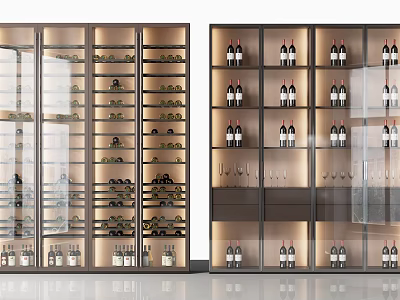 Modern Wine Cabinet Interior With Glass Doors Shelves Red Wine Bottles And Wine Glasses 3d model