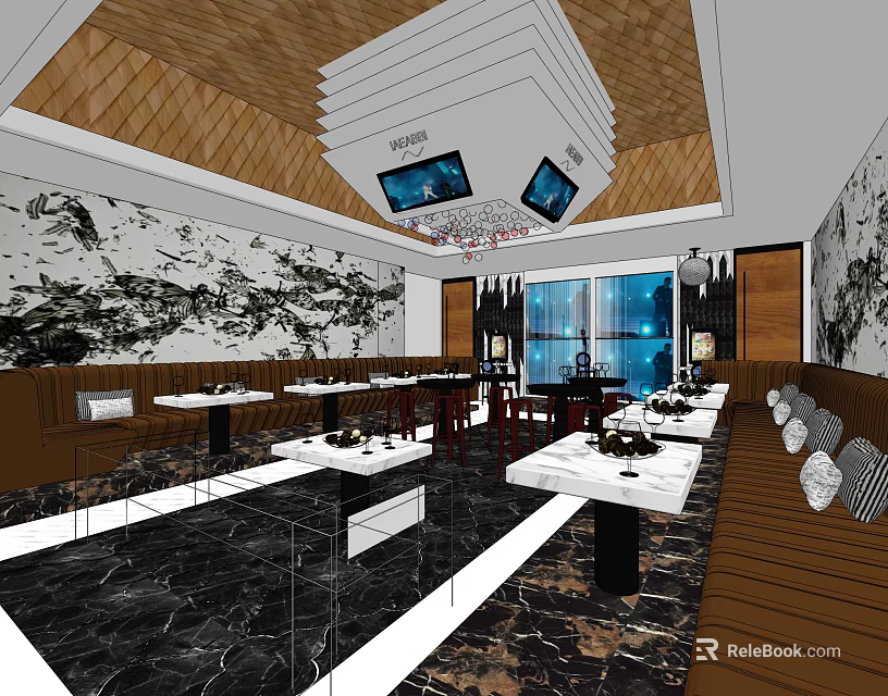 Modern Bar Interior Design With Marble Floor Mural Large Windows And Sofa Seats 3d model