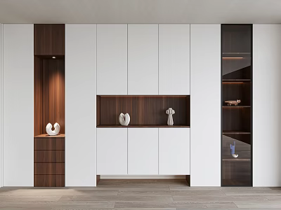 Modern Shoe Cabinet Design With White And Dark Wood Glass Doors And Decorative Sculptures 3d model